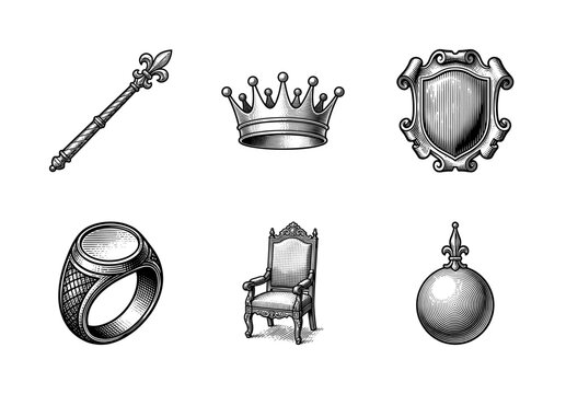 Collection of royal regalia and heraldic symbols featuring a crown, scepter, orb, throne, signet ring, and shield in vintage woodcut engraving style.
