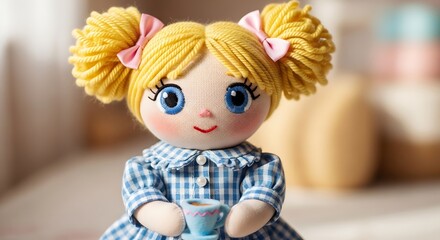 Fototapeta premium A close-up shot of a smiling doll with blonde hair in pigtails and blue eyes wearing a blue and white checkered dress holding a cup against a blurred background with warm tones.