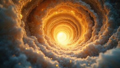 Fototapeta premium Golden tunnel vortex with sparkling lights. Abstract swirling clouds lead to bright glowing center. Represents spiritual journey cosmic creation or meditation.