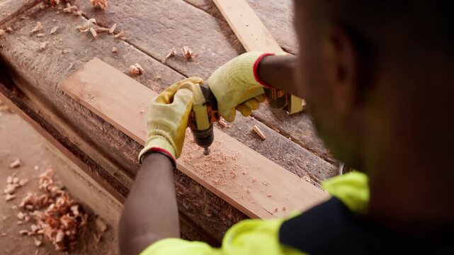 Over-the-shoulder shot of local African male carpenter wearing work gloves, drilling a hole into a piece of wooden plank with a hand drill on a rustic workbench in his worksop