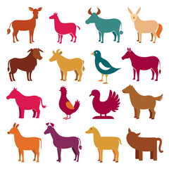 Fototapeta premium Various stylized farm and wild animals in colorful flat design