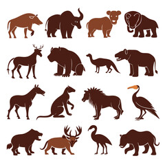 Fototapeta premium Diverse animal silhouettes in earth tones on white background