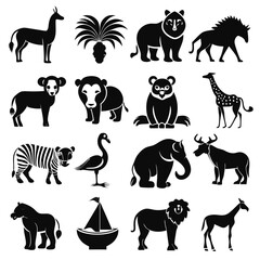Fototapeta premium Various animals and plants in black vector icons set