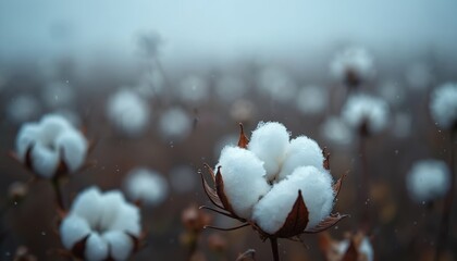Naklejka premium Cotton plant bloom covered in water droplets rests in field. Soft morning mist or rain falls on fluffy white fiber. Agriculture background with blurred plants in soft focus.