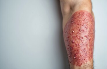 Fototapeta na wymiar Arm shows severe skin inflammation with red irritated bumps and peeling skin. Condition may be allergy chemical burn or infection. Medical close up.