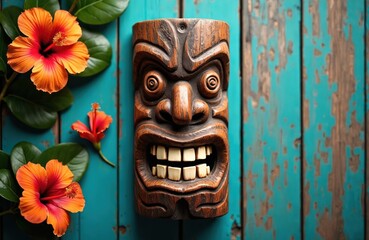 Wooden tiki mask and bright hibiscus flowers on distressed teal planks. Tropical island decor, polynesian culture, vacation vibes, artistic carving with weathered texture.