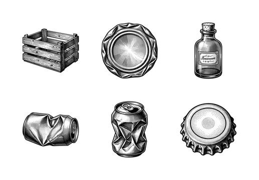 Vintage engraving collection of recycled waste items including crushed aluminum cans, a wooden crate, glass bottle, and metal bottle cap in a detailed woodcut style.