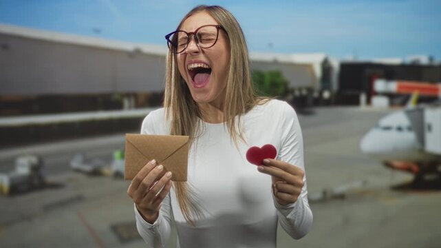 Woman holding brown envelope and red heart with hands at airport terminal near airplane gate and tarmac; surprise.