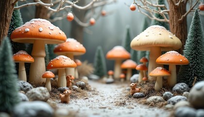 Fototapeta premium Magical forest path with giant mushrooms covered in snow. Tiny woodland creatures explore a winter wonderland with festive trees and scattered berries.
