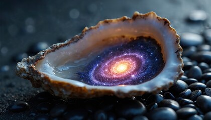 Fototapeta premium Oyster shell opens to show miniature glowing galaxy with swirling nebula inside. Conceptual still life photo on dark pebbles. Fantasy surreal space art.