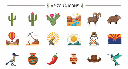 Fototapeta premium Arizona Icons Set featuring Desert Landscapes, Wildlife, and Cultural Symbols for Travel and Tourism