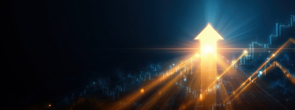 a blue background with an arrow pointing upwards, surrounded by financial charts and graphs symbolizing growth in the stock market or a business success concept Generative AI