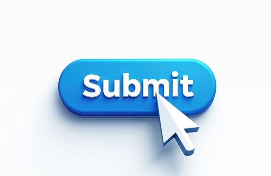 Blue rounded button with word Submit and white cursor pointer pressing it. Isolated on clean white background. Concept for online forms and website actions.