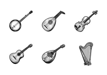 Naklejka premium Vintage engraved illustration of stringed musical instruments including banjo lute violin guitar mandolin and harp