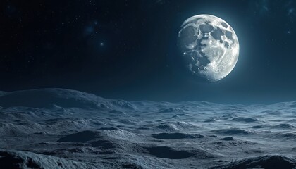 Fototapeta premium Lunar surface with craters under a starry sky and a large moon overhead. The desolate landscape features rough terrain with shadows accentuating texture and depth. Space exploration background.