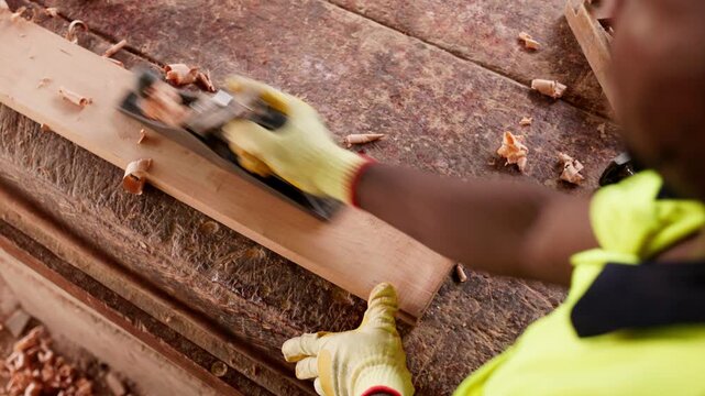 Over the shoulder shot, Local African male carpenter using a metal hand plane to smooth a wooden plank in his workshop