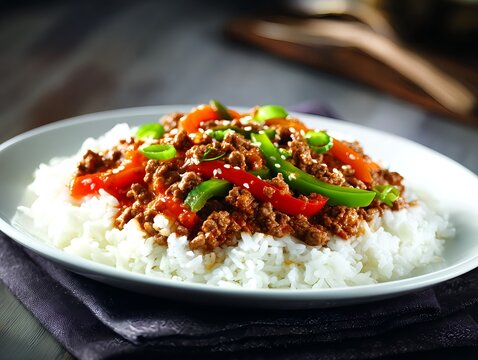 Asian style ground chicken over steamed rice with vegetables and glossy sauce on white plate