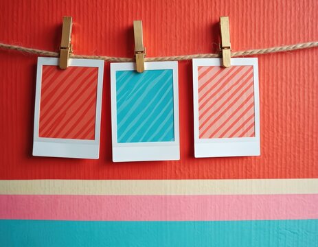 Three instant photos hang on twine with clothespins. Colorful striped pictures are on a vibrant red wall with horizontal color bands below. Clean, bright, and modern display.