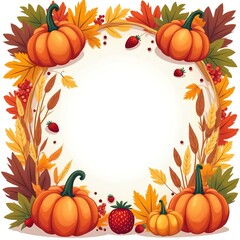 Naklejka premium Decorative autumn frame with pumpkins berries leaves. Seasonal harvest border design for Thanksgiving Halloween greeting card. Fall nature elements.