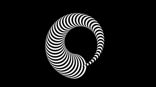 A monochromatic 3D shape composed of concentric rings that twists and rotates in a dark void. The object deforms fluidly, resembling a metallic coil or a digital torus in constant flux.