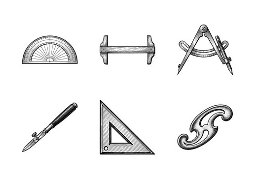 Vintage engraving style collection of drafting and technical drawing tools including protractor compass and square