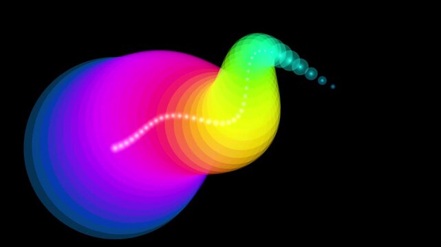 A vibrant, rainbow-colored serpent-like trail of glowing spheres. The trail follows a sinuous path through black space, with overlapping translucent circles creating a rich spectrum of color and light