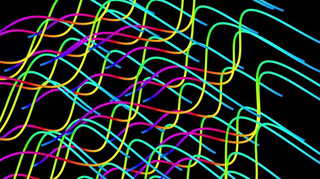 A chaotic and energetic overlay of multi-colored wavy lines moving across a dark screen. The neon-style threads overlap to create a dense, vibrating grid of cyan, yellow, and magenta.