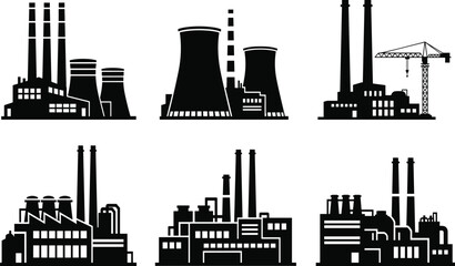Obraz premium Vector collection of industrial factory silhouettes featuring power plants, manufacturing buildings, smoke stacks, nuclear cooling towers, and construction cranes for urban engineering.