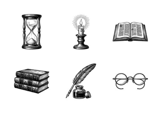 Vintage scholarly illustration set featuring woodcut style icons of an hourglass, candle, open book, stacked volumes, quill with inkwell, and wireframe spectacles.