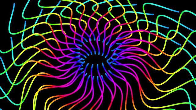 A symmetrical, kaleidoscopic pattern of rainbow-colored waves radiating from a central dark core. The undulating lines expand and contract, creating a mesmerizing "breathing" effect.