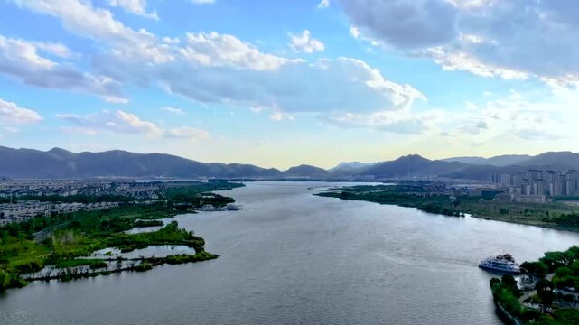 Dianchi Lake Kunming Aerial View with Mountains and City Skyline