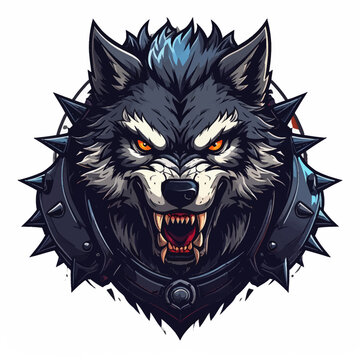 A fierce cartoon wolf's head with sharp teeth and spiked collar on a white background