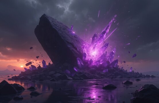 Giant obsidian rock breaks apart revealing luminous purple crystals. Light bursts from fractured stone. Scene set on rocky shore with calm water reflection at sunset twilight.