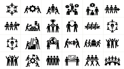 Obraz premium A set of black and white vector icons depicting teamwork and collaboration on transparent background