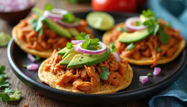 Mexican chicken tinga tostadas are layered with avocado and red onion slices. This dish is a close-up view of a savory snack. Food styling makes this meal look delicious and inviting.