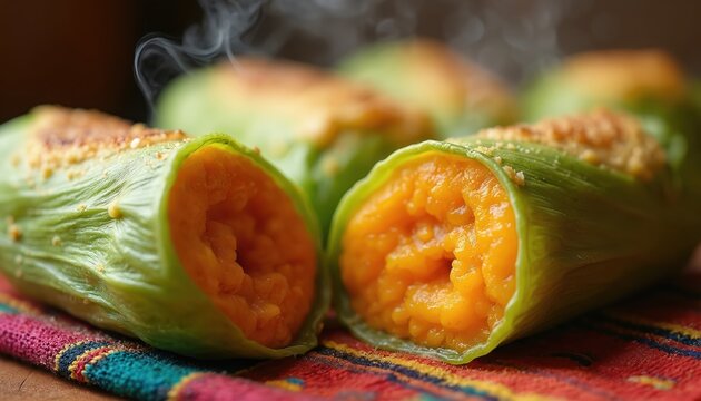 Bolivian humintas de zapallo are steamed pumpkin dumplings wrapped in corn husks. This savory and sweet dish features tender corn dough with pumpkin filling, seasoned with spices.