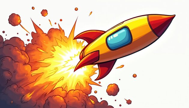 Retro cartoon rocket blasts off with fiery explosion effect. Colorful illustration symbolizes speed, ambition, and innovative journeys into the unknown future.