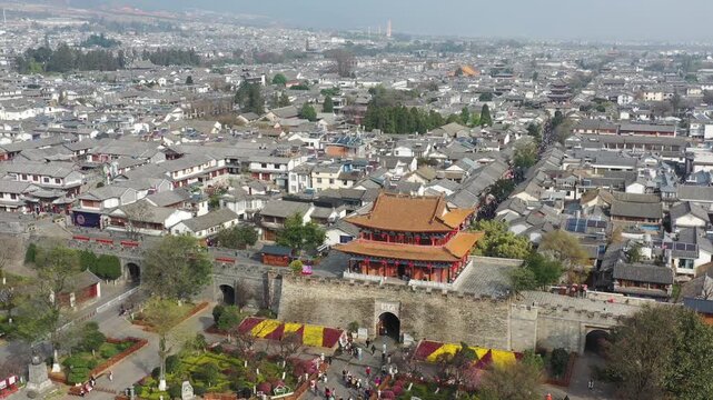 Ancient Chinese Town Aerial View with Traditional Architecture and Temple