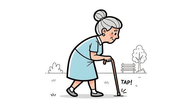 Elderly Woman Walking with Cane in Park Illustration.