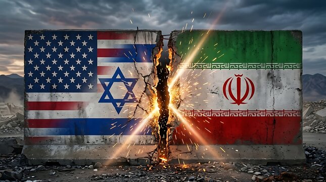 USA and Israel Flags Cracked Barrier Symbolizing Conflict with Iran.