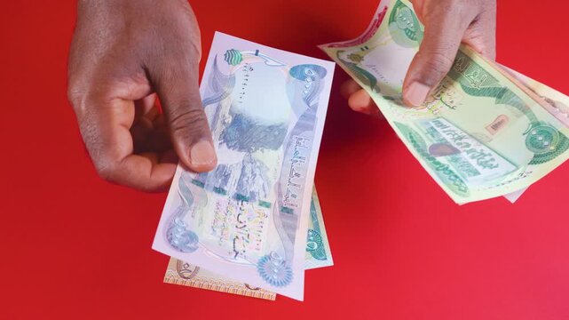 A pair of hands counts Iraqi Dinar banknotes over a solid red surface. The person sorts through various colorful denominations, stacking them neatly to showcase the official currency of Iraq.