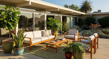 Fototapeta premium Outdoor patio with white furniture and green plants near a house wooden furniture