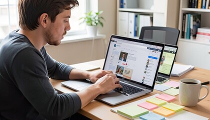 Young professional working on laptop in modern home office