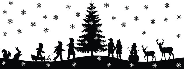 Winter holiday forest landscape with children playing in snow under pine tree with reindeer snowman and animal silhouettes in black vector © Shoriful