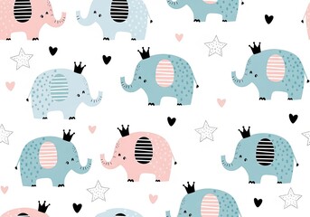 Naklejka premium Cute baby elephants with crowns in pink and blue, a sweet pattern