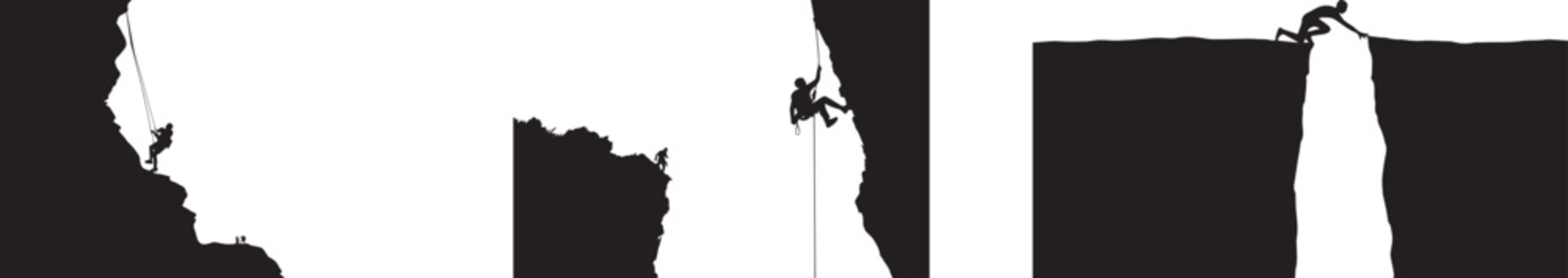 Black silhouette illustration of a climber jumping across a cliff gap between mountains, symbolizing risk taking, courage, determination, challenge, and success journey concept isolated on white backg