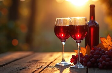 Naklejka premium Two glasses of red wine and bottle sit on wooden table. Grapes and autumn leaves nearby. Warm sunset light creates cozy atmosphere, symbolizing relaxation and pleasure.