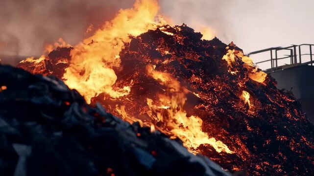 Medium shot capturing automated incineration of hazardous sewage sludge with visible flames and emission controls in a modern waste management plant.