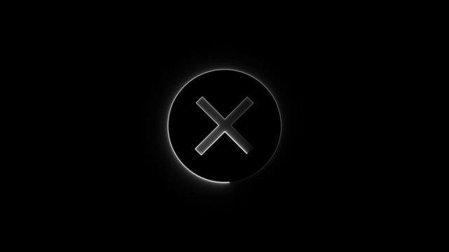 Glowing neon X symbol in circle on black background, cancellation error sign, neon lit cross