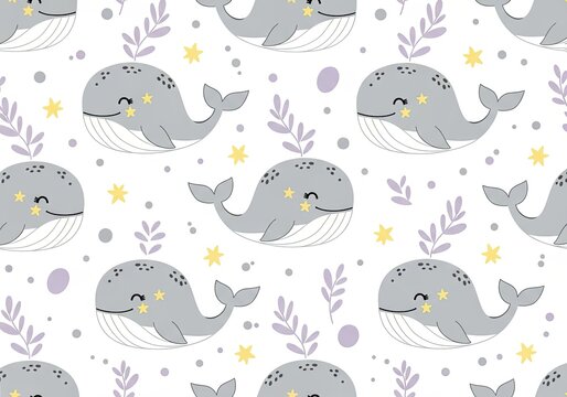 Cute whale pattern with stars and leaves on a speckled background